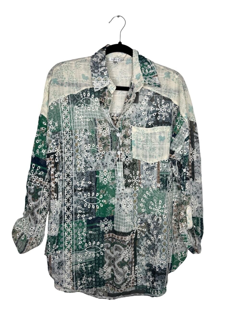 ADORE / green white floral embroidered boho printed popover blouse top / M